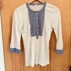 J.Crew Blue & White Contrast Bib Henley Top - 3/4 Sleeve - XS